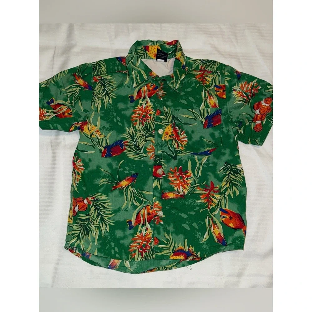OshKosh Bgosh Boys Green Tropical Fish Print Cotton Button Down Shirt Size 5